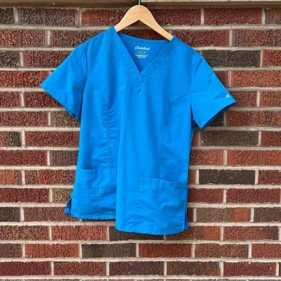 Sanibel True Blue V Neck Short Sleeve Scrubs Top - Image 1 of 3