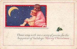VINTAGE CHRISTMAS CHILDREN WATCH CRESCENT MOON c1910 POSTCARD 081725 U - Picture 1 of 2