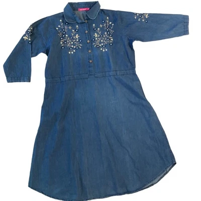 Blue Flame Blue Chambray Embroidered Denim Long Sleeve Collar Casual Dress XXL - Image 1 of 4