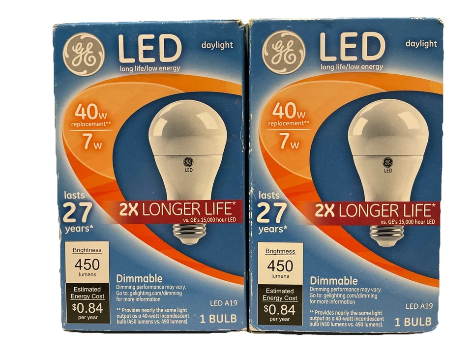(2) GE Lighting A19 LED Light Bulb, Dimmable, 7 Watt (40W Equivalent),450 Lumens - Image 1 of 1