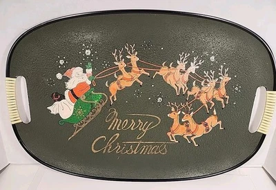 NUEVO Bandeja de servir de madera de Navidad de Papá Noel y reno de colección Tilso años 50 con asas MCM Foto 1 de 4