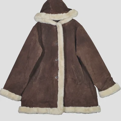 Abrigo de cuero Wilsons 1X parka pesada de gamuza marrón ribete de piel sintética con capucha Penny Lane Foto 1 de 4