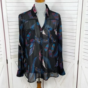 Express Portofino Shirt Women Large Black Feathers Print Sheer Button Up Blouse - Picture 1 of 11