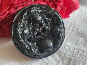Gros bouton ancien vintage noir resine strass en verre parurier 3,5 cm  ref 1129 - Picture 1 of 5