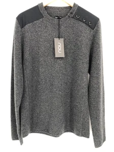 Nau Wool Sweater Mens Medium Gray Heathered Knit Crew Neck Elbow Patches Buttons - Picture 1 of 20