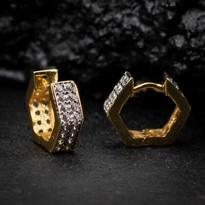 Pendientes de aro helados de plata esterlina enchapados en oro amarillo de dos tonos para hombre - Imagen 1 de 4