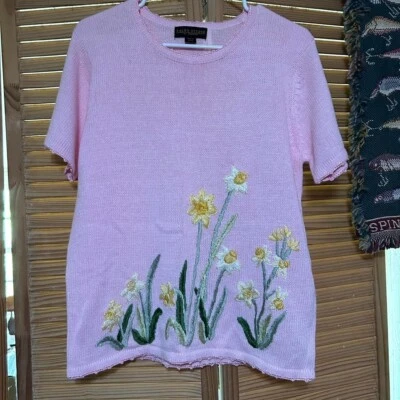 Vintage Haband Pink Short Sleeve Sweater Top With Embroidered Flowers - Image 1 of 4