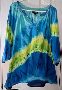 Lane Bryant Damen 18-20 Tunika Bluse Batik leuchtend blau grün Pailletten Baumwolle - Bild 1 von 12