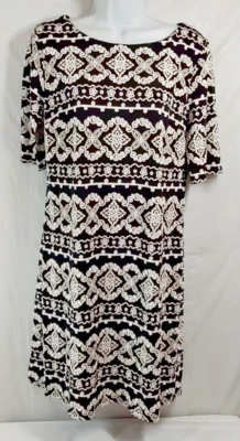 R & K Dress 12 Black White Geometric Print Stretch A Line Shift Short Sleeves - Image 1 of 4