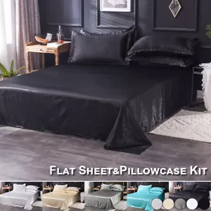Silk Satin Flat Sheet Pillow case Kits Bedding Bedspread Textile Sheet Full King - Picture 1 of 16