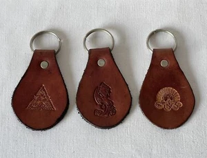 3 x Brown Leather Keyrings With Different Embossed Stamped Designs #OM6 - Picture 1 of 3