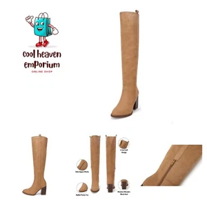 Womens Faux Suede Knee High Side Zipper Chunky Heel Stretch Winter Boots - Picture 1 of 8