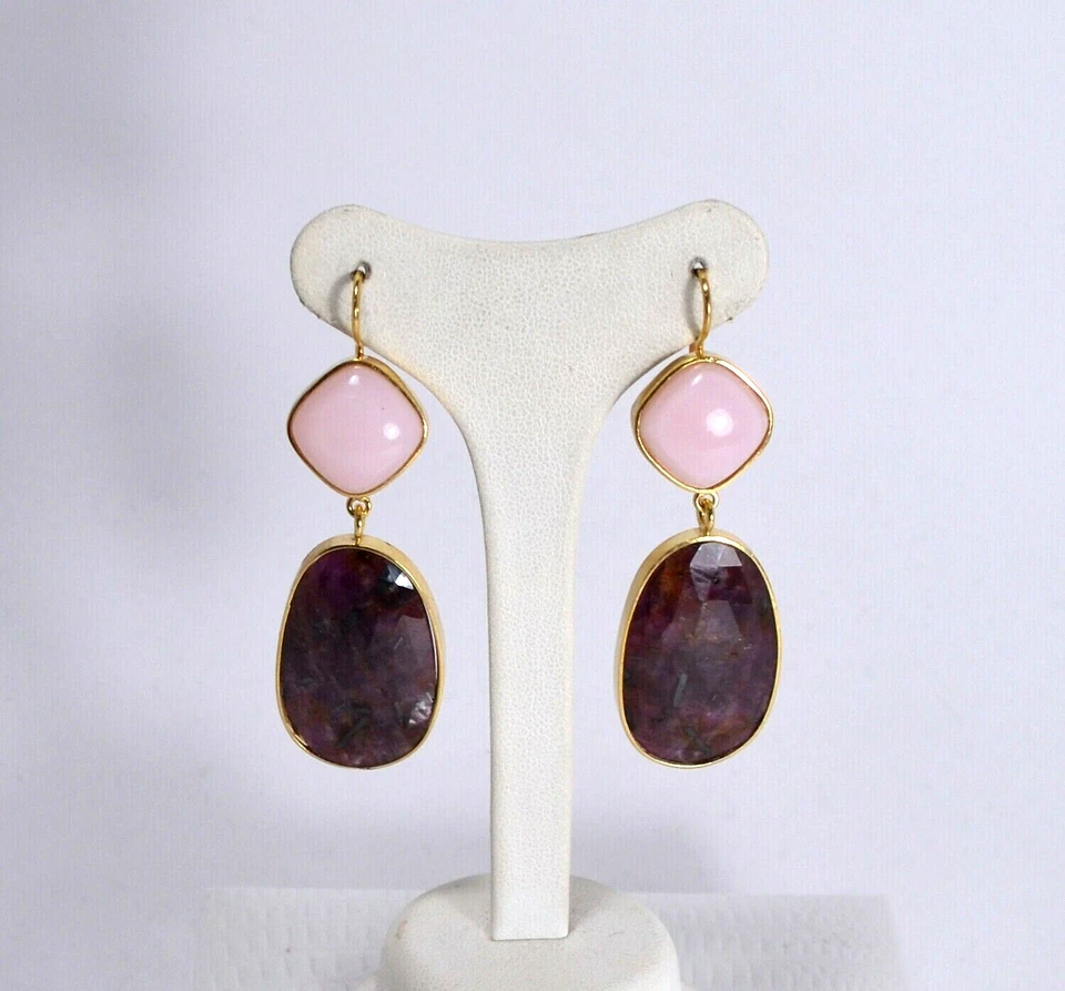 ORECCHINI  ARGENTO 925 DORATI CARRE OPALE ROSA  E RADICE  RUBINO       AGHT 0574 - Immagine 1 di 3