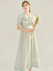 Roselyn Embroidered V Neck Lapel Puff Sleeve Cotton High Waist Midi Dress Large - Picture 1 of 9