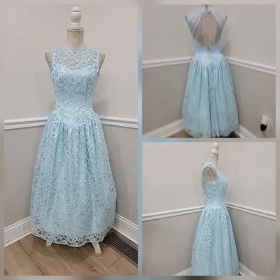 VTG'80s Blue Prom Formal Evening Dress Satin / Sleeveless - Image 1 of 4