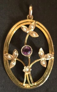 9 CT Gold Amethyst And Seed Pearl Pendant. - Picture 1 of 2