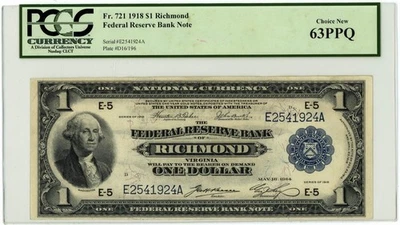 FR.721 $1 1918 Federal Reserve Bank Note Richmond CH New 63PPQ PCGS 950750-63 - Image 1 of 3