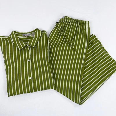 J Crew Women's Relaxed Long Sleeve Pajama Pant Set Medium Green Linen Blend - Image 1 of 4