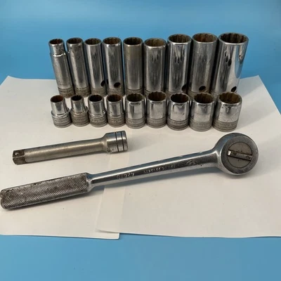 S & K  SOCKET SET OF 20 PIECES 1/2”   12 POINT Vintage Mechanic Tool Ratchet - Image 1 of 4
