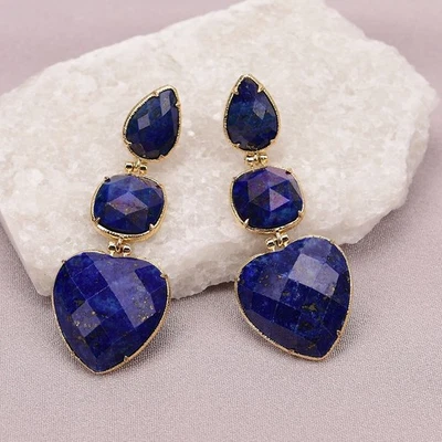 Natural Gems Blue Lapis lazuli Heart Shape Dangle Stud Earrings Designer Jewelry - Image 1 of 4