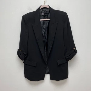 Zara Womens Black 3/4 Sleeve Rolled Up Pocket Open Front Peak Blazer Suit XL - Picture 1 of 9