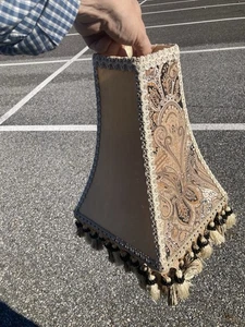 Vtg Victorian French Beige/ Paisley Cream Tassels Silk Lamp Shade 13” Tall - Picture 1 of 6
