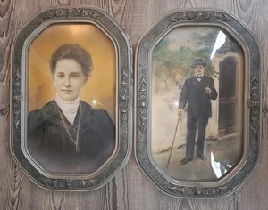Set Of 2 Matching Antique Convex Bubble Glass Picture Frames Hand Tinted Photos - Picture 1 of 7