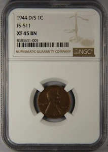 1944-D/S Lincoln Wheat Cent Penny NGC XF45 BN FS-511 1c - Picture 1 of 3