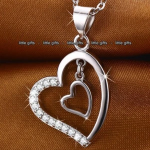 Double Heart Silver Crystal Necklace Love Wife Daughter Women Jewellery Gifts UK - Picture 1 of 9