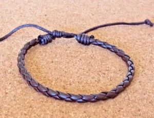 BRACELET BROWN LEATHER CORD ROPE ADJUST WRIST BAND BRAIDED SURFER BOHO MEN WOMEN - Picture 1 of 4