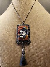 Sterling Silver Skull  Pendant Necklace Handmade One Of A Kind embroidery 