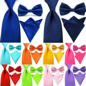 Men's Classic Solid Bowtie Wide Tie Pocket Square Set Necktie Handkerchief Lot - Picture 1 of 19