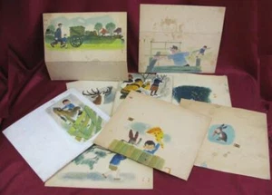 1950s VINTAGE SET OF 9 ORIGINAL RUSSIAN KIDS CHILDRENS BOOKS WATERCOLOR DRAWINGS - Picture 1 of 11