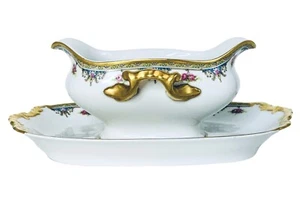 Antique Vignaud Limoges VIG3 Pink Rose Porcelain Gravy Boat & Attached Plate - Picture 1 of 10