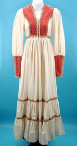 Vtg Women's 70s Cream & Orange Velvet Peasant Gunne Sax Maxi Dress S/M 1970s - Picture 1 of 14