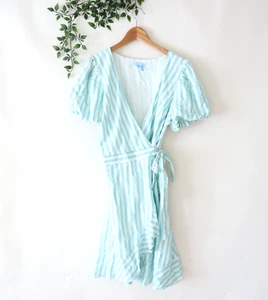 Draper James RSVP Mint Blue & White Striped Puff Sleeve Wrap Dress Size Medium - Picture 1 of 4