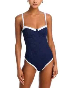 Aqua Swim L139115 Navy Ribbed Bustier Underwire One Piece Swimsuit Size M - Picture 1 of 8
