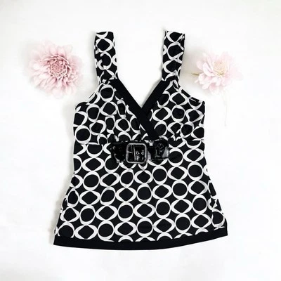 Black White Polka Dot Belted Top Retro Y2K Summer Goth Abstract Mod Size Medium - Image 1 of 4