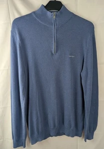 Gant Baumwoll-Piqué-Pullover Herren jeansblau 1/4-Reißverschluss Größe UK XL - Bild 1 von 5