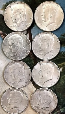 1964 Kennedy Half Dollars - 8 Each - 90% Silver - Above Average Circulated - Image 1 of 2