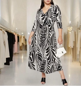 mlle Gabrielle Leaf Print Faux Wrap Dress V-Neck 3/4 Sleeves Tie waist belt, 3XL - Picture 1 of 5