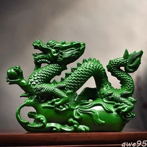 11cm Solid Wood Carving Green Dragon Ornament Living Room Decoration - Picture 1 of 3