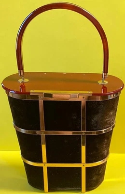 BROWN LUCITE AND VELVET CAGE PURSE BY MAJESTIC 1950'S FLAWLESS - Image 1 of 4
