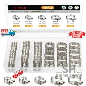45PCS Adjustable Hose Clamps Worm Gear Clip Stainless Steel Clamp Assortment Kit - Picture 1 of 6