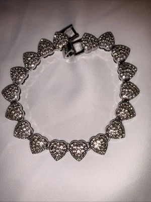 Hermosa pulsera estilo cadena corazones pavé de plata vintage de 7,5 pulgadas Foto 1 de 4