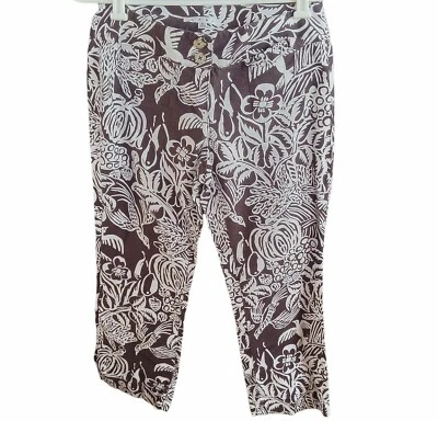 CAbi Pants Cropped Capri Brown White Floral Tropical  Birds Print Jeans Size 6 - Image 1 of 4