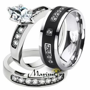 His & Her 3-teiliges Marquise Edelstahl Braut Set & Herren Titan Ehering - Bild 1 von 9