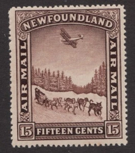 1931 Newfoundland Sc# C6 (air mail) - 15¢, Dog Sled & Bi-Plane. MH Cv$10 - Picture 1 of 1