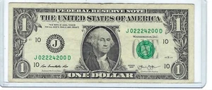 $1 One Dollar Bill Fancy Note TRINARY 4 of a Kind Serial # J02224200D 98.1% COOL - Picture 1 of 3
