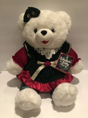 Walmart Navidad 1998 Copo de Nieve Blanco Oso de Peluche Sombrero de Santa Rojo Verde Conjunto Etiqueta Foto 1 de 4